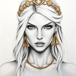 realism tattoo design sketch of hot blonde super model as aphrodite greek goddess wearing a gold laurel wreath and triangle earrings, beautiful piercing gaze with sharp pupils, in the style of greg rutkowski, fantasy, amazing detail, epic, elegant, smooth, sharp focus, front view, black and white