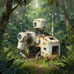 an abandoned, white, rusting high tech cybernetics laboratory in the middle of a lush rainforest, by greg rutkowski and james gurney, trending on artstation