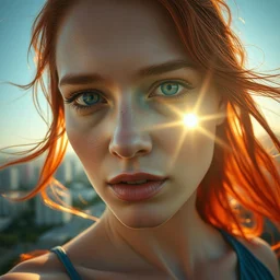 8 k hyper realistic close range shot of blade runner 2 0 4 7 with marilyn monroe with red hair, sweaty, realistic skin with imperfections, very small lips, blue summer dress. long red hair flowing in the wind. urban landscape in the background with strong sun. lenses 5 0 mm