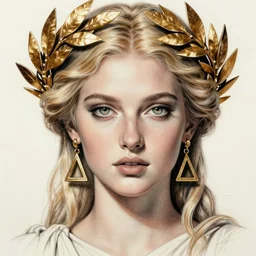 front view of beautiful aphrodite greek goddess wearing a gold laurel wreath and triangle earrings, realism tattoo sketch, beautiful piercing eyes with sharp pupils, beautiful blonde hair, in the style of greg rutkowski, fantasy, amazing detail, epic, elegant, smooth, sharp focus, super model