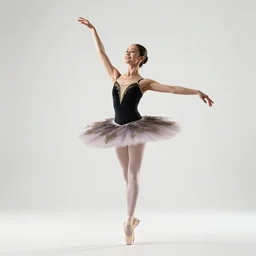 cheerful ballerina mid-pirouette, photorealistic portrait photography, full body, standing, isolated on a pure white background, centered, whole figure in frame, sharp focus, studio lighting