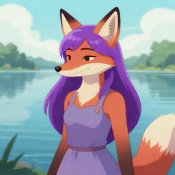 an anthropomorphic fox girl with purple hair wearing a simple sundress, this fox has a pronounced snout and two pointed black ears, beautiful lake background, illustration by greg rutkowski, thomas kindkade, loish, artstation, furaffinity, deviantart