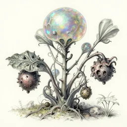 Alien plant from alpha centauri, illustrated from nature. highly detailed botanical field sketches. Alien hybrid, opalescent, metallic, strange fruits