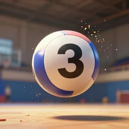 a sports hall, a big ball with the number 3 written on it is floating in the air right in the middle of the screen with sprinkles popping away from it. the background is blurred. unreal engine