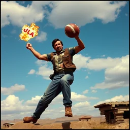 fallout game propaganda still of danny trejo throwing a bomb like a football