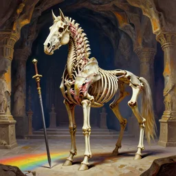A spiked horse skeleton with armored joints stands in a large cavernous throne room with halberd in hand. Massive shoulderplates. Extremely high detail, realistic, fantasy art, solo, masterpiece, bones, ripped flesh, saturated colors, rainbow, vibrant art by Zdzisław Beksiński, Arthur Rackham, Dariusz Zawadzki, Harry Clarke