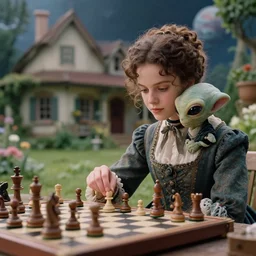 detailed, sharp, a girl playing chess with her cute pet humanoid alien creature, wearing 1850s era clothes, not wearing a hat, in the garden of a house on an alien planet, extremely highly detailed, in focus faces, 70 mm film still from a period sci fi color movie, 4k, HD, cinematic lighting
