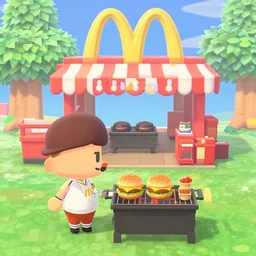 animal crossing : new horizons screenshot of the new mcdonalds dlc, new opening festival, burgers being grilled outside