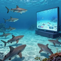 a photo of many sharks watching TV under the sea.