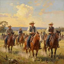 a beautiful painting of 18 more hot hard buff wild cowboys out in the yard at Ram Ranch, hyperrealistic, golden hour, by Mark Maggiori, by Frank Tenney Johnson, by Frederic Remington, trending on artstation