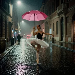 street of roma photography, night, rain, mist, a prima ballerina dancing, a pink umbrella, cinestill 8 0 0 t, in the style of william eggleston