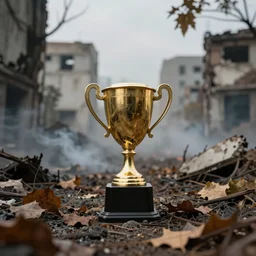 a lone golden trophy on an abandoned burned civilization, with leaves and trees taking over, smoke, cinematic photography, low depth field effect, trending on artstation