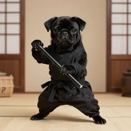 high quality and realistic professional studio photo of a black pug puppy acting as a ninja, japanese kung - fu scenography, photo by olivero toscani