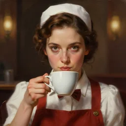 portrait of a waitress drinking coffee, digital painting, artstation, concept art, donato giancola, Joseph Christian Leyendecker, WLOP, Boris Vallejo, Breathtaking, 8k resolution, extremely detailed, beautiful, establishing shot, artistic, hyperrealistic, octane render, cinematic lighting, dramatic lighting, masterpiece, light brazen, extremely detailed and beautiful face, centered, smooth, sharp focus