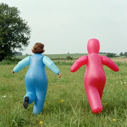 Still from film about two housewives dressed as inflatable toys running away from their problems through a grassy field in rural France, in the style of Agnes Varda, 1980 color
