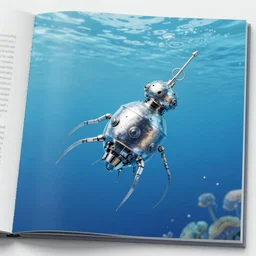 photograph of metal cyborg zooplankton in blue water from scientific magazine