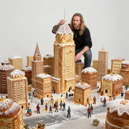 imposing by mark briscoe, by todd mcfarlane umber. a installation art of a city made entirely out of kulich, a traditional russian easter bread. the city is bustling with activity. the installation art is playful & whimsical, with a touch of magic.