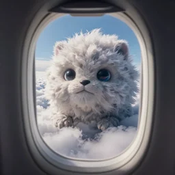 photo from airplane window of a giant fluffy creature, head above the clouds, ultra detailed, 4 k