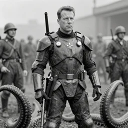 old black and white photo, 1 9 1 3, depicting bruce willis in combat armor with guns, historical record, tentacles around