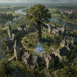 airborne view of a downtrodden medieval town by a river in a swamp with a very tall hollow tree in its center and a small magical obelisk emitting an energy field, 4k, by Greg Rutkowski, fantasy, mix of celtic and Rus architecture, cinematic