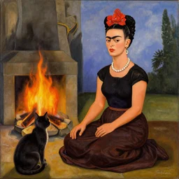 a woman and a cat by a fire by frida kahlo