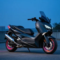 photo of tmax concept maxi scooter, black matte paintjob, tuning award, big chrome exhaust, blue hour, colorful rims, 8 5 mm, f / 1. 3