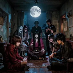 hyperrealistic cinestill of full moon spirits gathering, michael hutter, kentaro miura, junji ito, gantz, hideo kojima, weirdly inside toronto apartment. colorized. scp historical archives. david lynchian atmosphere. deep aesthetics of weirdcore
