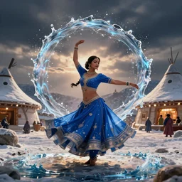 VFX movie of a Indian woman in blue dancing with lots of magic flowing antigravity water in an Eskimo village by Emmanuel Lubezki