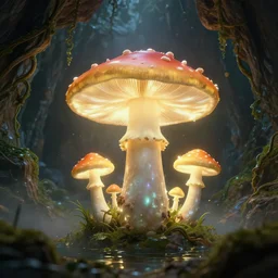 a beautiful and stunning professional digital artwork of a glowing mushroom cave, haze, spores floating in the air, vines, water, volumetric lighting, hyperrealistic, rtx on, ultra detail