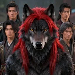 beautiful headshot portrait of a male anthropomorphic black wolf red long hair. character design by cory loftis, fenghua zhong, ryohei hase, ismail inceoglu and ruan jia. artstation, volumetric light, highly detailed, photorealistic, fantasy, rendered in octane