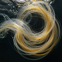 hundreds of thin threads of translucent gold and silver unravel and twist and flow underwater in a fast current, hyperrealistic