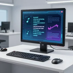 futuristic computer that has ai generated music module that can make any song you type into it, product display, photograph 2 0 0 8