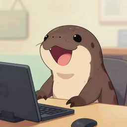 a platypus laughing at a computer, anime style