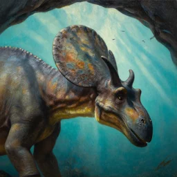 very textured close up of brachiosaurus  with backlight , sun rays , big shadows, small bird sihouettes  in cyan background , very textured detailed  panoramic oil painting by rembrandt , hard backlight , in dark cave