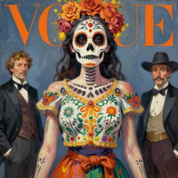 vogue magazine, mexican day of the dead, greg rutkowski, john singer sargent, anime, trending on artstation, oil painting, crop top, intricate