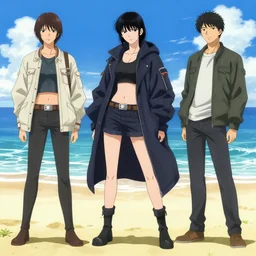 individual character design art, beach vibes big jacket female assassin character, by shigeto koyama and yusuke kozaki and joji morikawa