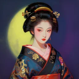 female geisha girl, beautiful face, rule of thirds, intricate outfit, spotlight, colourful, by greg rutkowski, by jeremy mann, digital painting