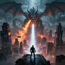 mega detail, gigantic city, random inference, dragons breathing fire, dark magic, night fog, clouds, the matrix, in a battle, energy beam, video game, character on platform in front of camera