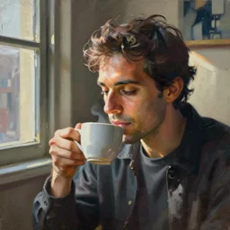 It's morning. Sunlight is pouring through the window bathing the face of a man enjoying a hot cup of coffee. A new day has dawned bringing with it new hopes and aspirations. Painting by Basquiat, 1939