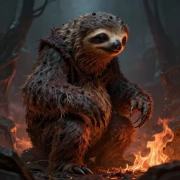 unholy sloth, sloth monster, animal sloth, anthropomorphic sloth, demon sloth, demonic robes, dirty matted fur, evil, horror, fire, gloomy mood, ultra details, art by artgerm, dwayne barlowe, trending on artstation and greg rutkowski and alphonse mucha, 8 k
