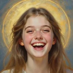 painting, young girl, beautiful face, gorgeous, face visible, halo, heavenly, happy, smiling, laughing, joyful, cinematic lighting, wallpaper, extremely detailed, sharp focus, by ilya kuvshinov, magali villeneuve, artgerm, jeremy lipkin and michael garmash and rob rey, intricate, beautiful, award winning, trending on artstation, pixiv