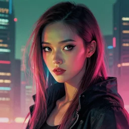 cyberpunk woman with long hair in a metropolis, high detail, curious eyes, blended shading, in the style of lisa frank and bob ross and ruan jia, artstation, half body portrait