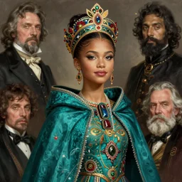 portrait 60 yo zendaya nigerian queen, teal cape, intricate, elegant, highly detailed, digital painting, artstation, concept art, smooth, sharp focus, illustration, orientalism, edwin long, theodore ralli, aleksi briclot, rutkowski, bouguereau