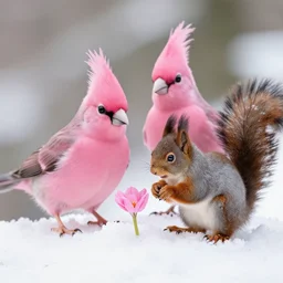 closeup shot of a couple of pink birds and a squirrel in the snow with a pink flower poking up from the snow