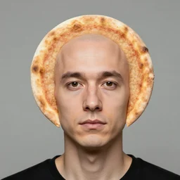 portrait of man with facial deformity making the head a flat and circular disc, looking like a pizza, uneven skin with baked crust appearance, freckles like burnt spots, eyes look like tomato slices, soft lighting, sharp focus, black background, masterpiece, case photo by jimmy nelson