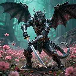 hyperrealistic neo - gothic human dragon hybrid, exoskeleton armor, fighting with katana, field of pink flowers, highly detailed digital art masterpiece, vitaly bulgarov dramatic dark teal light, ground angle hd 8 k, sharp focus