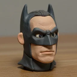 michael keaton batman!!! extremely realistic!!! smooth specular clay! extremely close smooth specular sculpted headshot of michael keaton batman clay puppet , soft light dull mood, low saturation, on wooden table. style: claymation puppet kids clay ,by will vinton ,by guldies