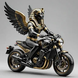 fine art statue of masculine black egyptian god on a surrealist motorbike, ebony art deco, carved black marble, inlaid with ebony and gold accents, ebony rococo, wings black lace wear, sculpted by spider zero, zaha hadid, beautifully lit, hyper detailed, intricate, elite, ornate, photorealistic, micro details, 3 d sculpture, ray trace