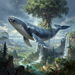 Fantasy overgrown world , planet, giant whale floating, waterfalls, ancient tree, Greg Rutkowski, Frank Frazetta, Kim Jung Gi, trending on Artstation, 8K, ultra wide angle, pincushion lens effect.