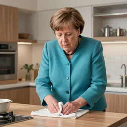 Angela merkel wipes the kitchen floor. Detailed digital art by greg rutkowski, Thomas kinkade, Keith Parkinson, artstation, cgsociety, deviantart, 8k, HD